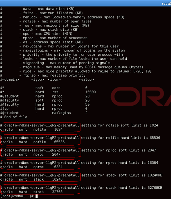 Verifying the setting for the oracle user.