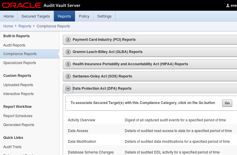 Oracle Audit Vault and Database Firewall compliance reports