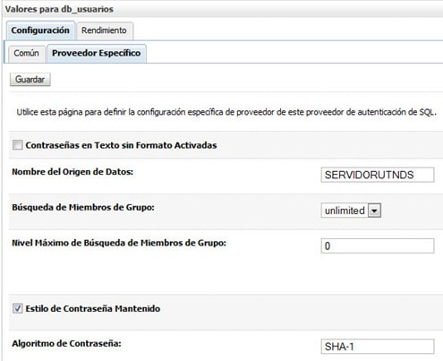 Seguridad en weblogic, Autenticador de SQL: Proveedor Espec&iacute;fico