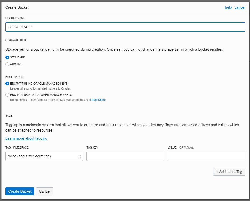 OBJECT STORAGE Create Section