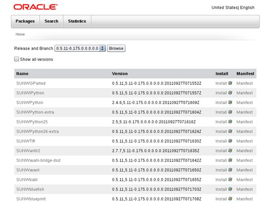 Vista do reposit&oacute;rio do Oracle Solaris em um navegador web
