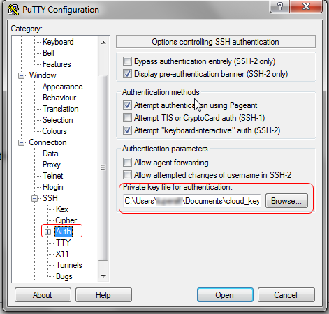PuTTY Configuration - Authentication panel.