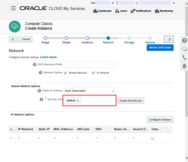 Create Instance, Network page