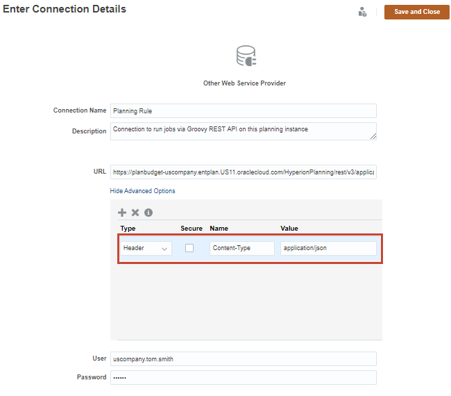 Planning REST API connection details in Planning, advanced options
