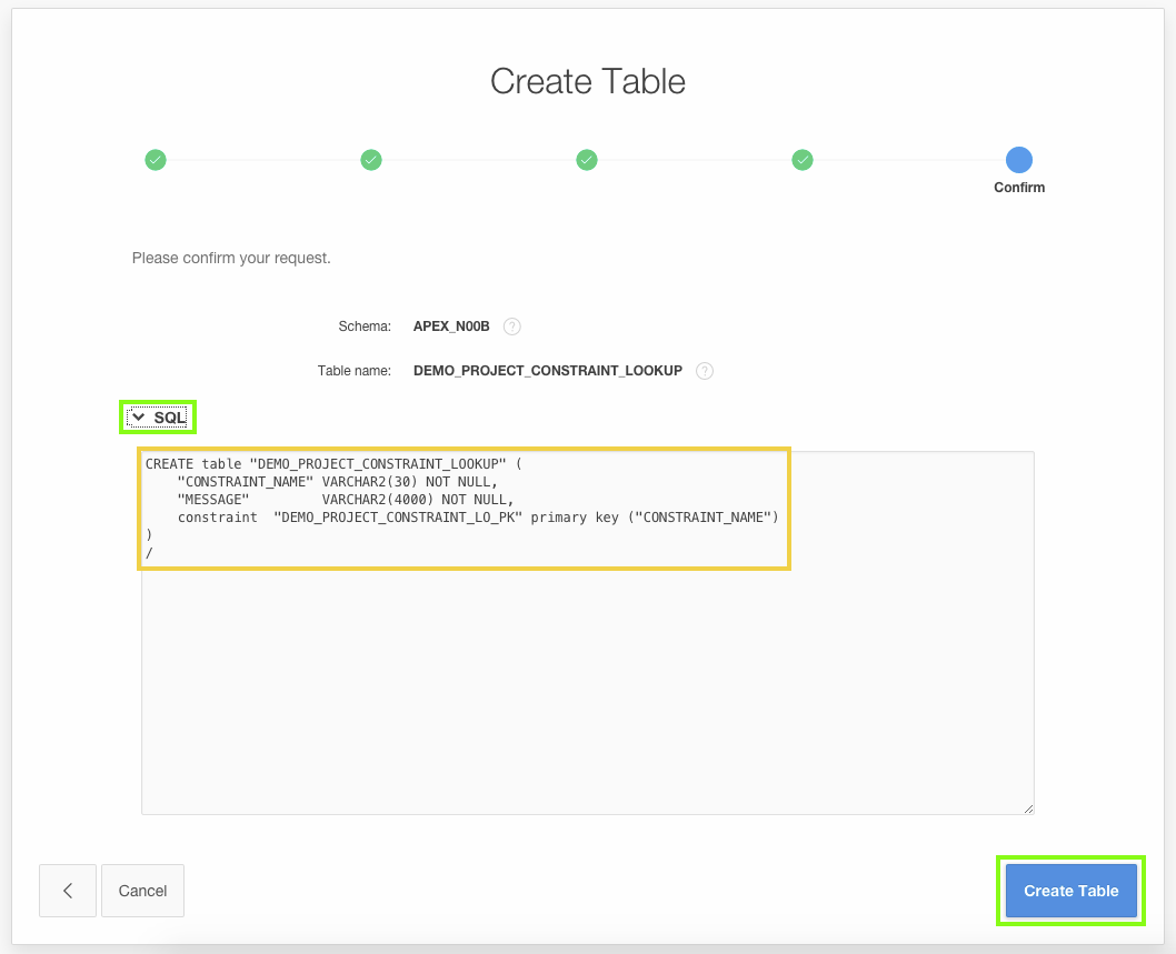 Confirm Create table