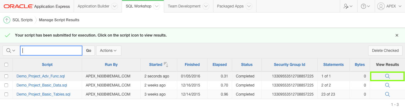 View Results of running the script file