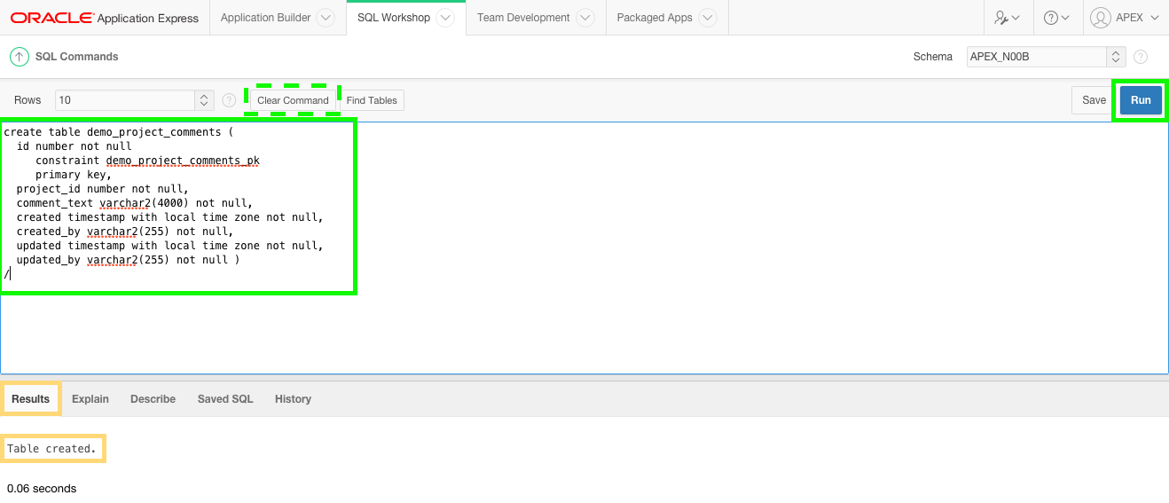 Run SQL - Create Table