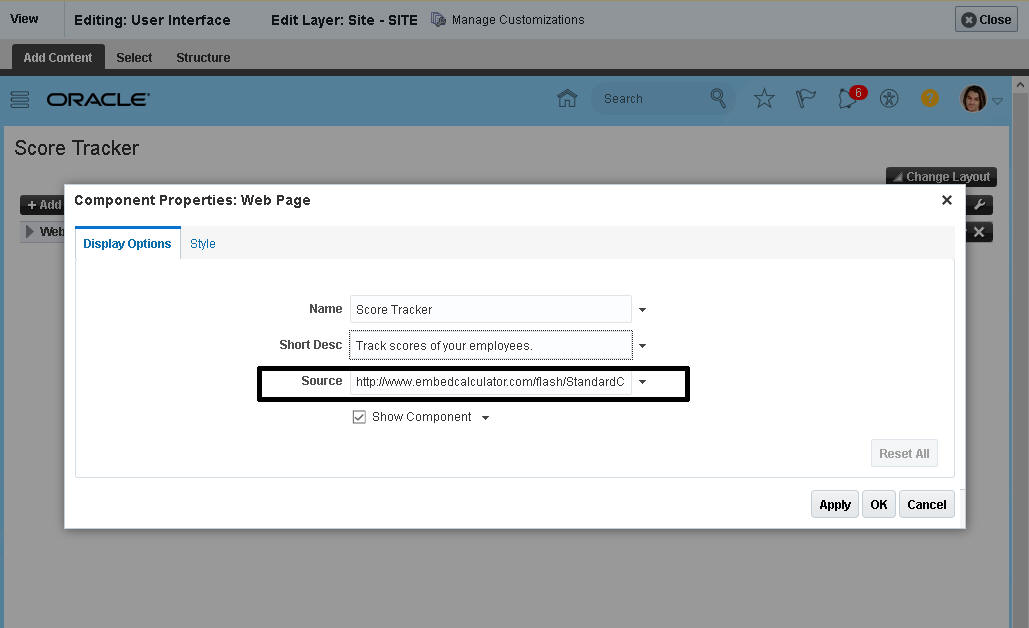 Screenshot of the component properties of a predefined dashboard, including a link to the third part application hosted on the dashboard.