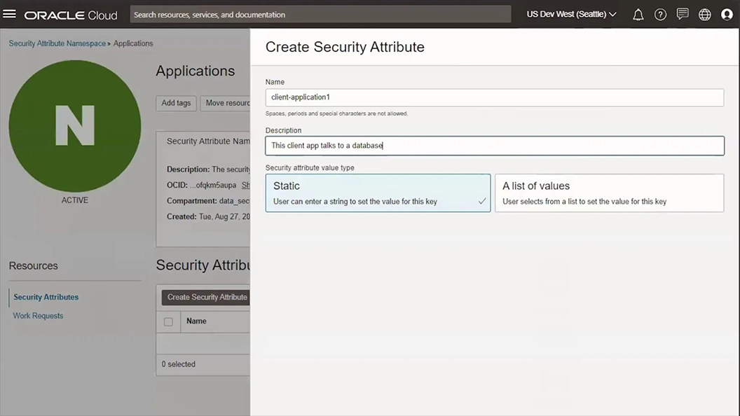 Create Security Attribute window