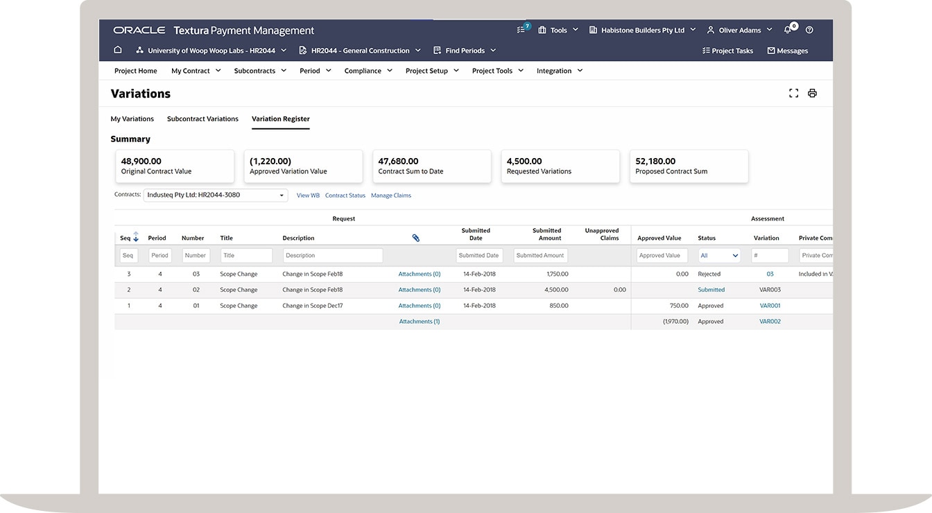 Figure 2: View a snapshot of a contract’s variations, their
values, and status.