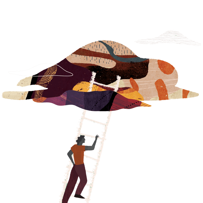 illustration of a person climbing a ladder into a colorful cloud