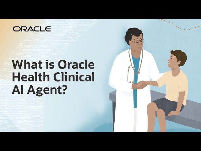 Oracle Health Clinical AI Agent 공식 소개 영상 포스터에 의사와 환자가 그려진 모습