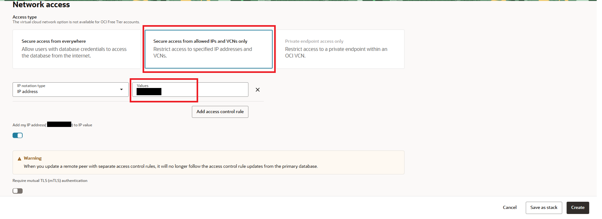 Screenshot of Oracle Autonomous Cloud database creation button