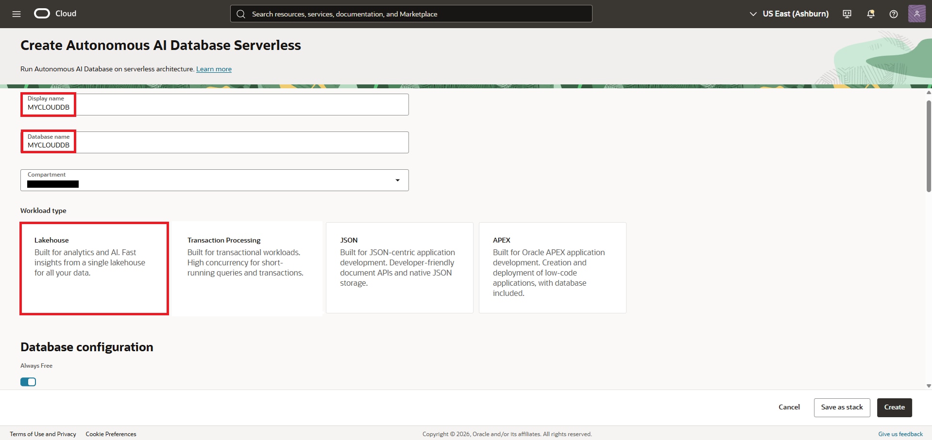 Screenshot of Oracle Autonomous Cloud database creation