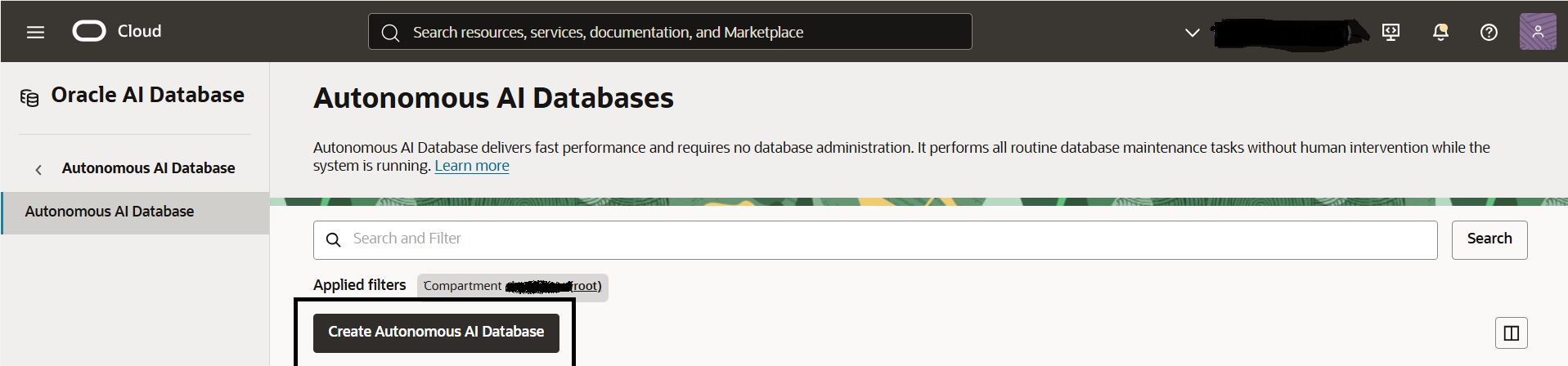 Screenshot of Oracle Autonomous Cloud database creation