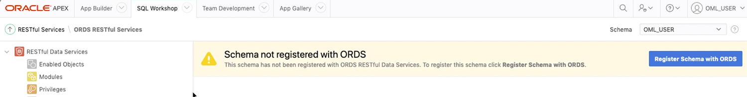 Registering the schema with Oracle REST Data Services