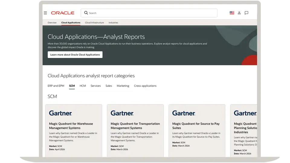 Cloud Applications analyst reports page with Gartner report cards