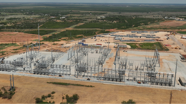 Aerial view of electrical substation under construction