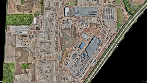 Aerial view of a large industrial construction site
