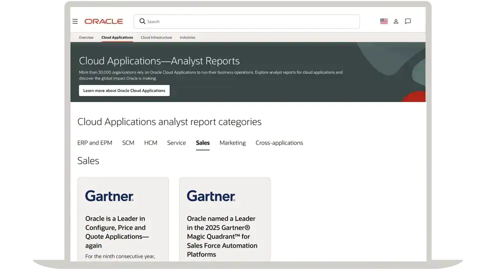 Oracle Cloud Applications analyst reports page with Gartner marketing reports