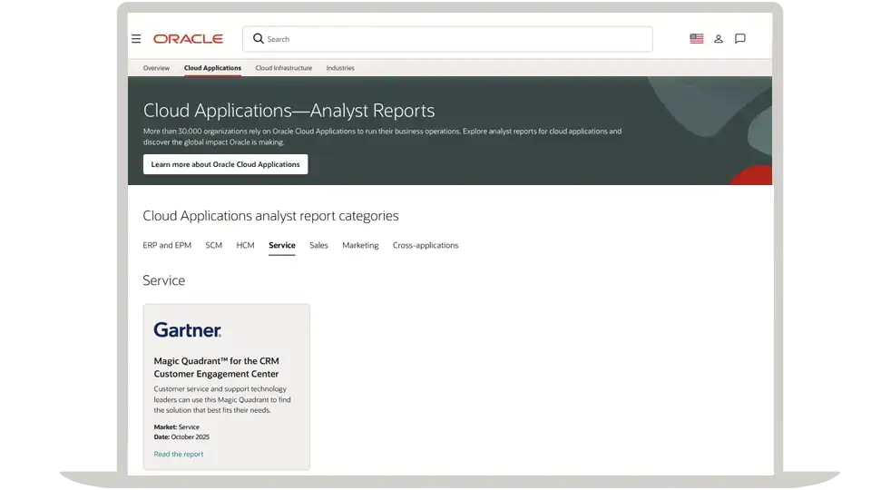 Oracle Cloud Applications analyst reports page with Gartner marketing reports