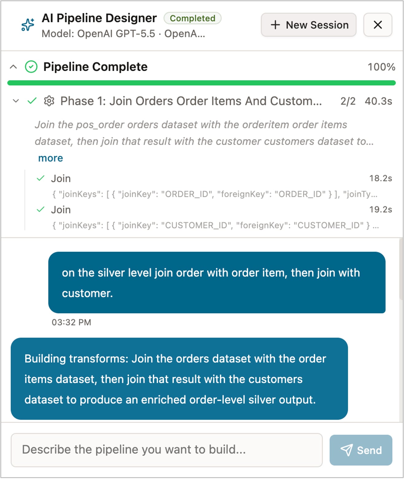 AI Pipeline Designer screen showing completed data join pipeline