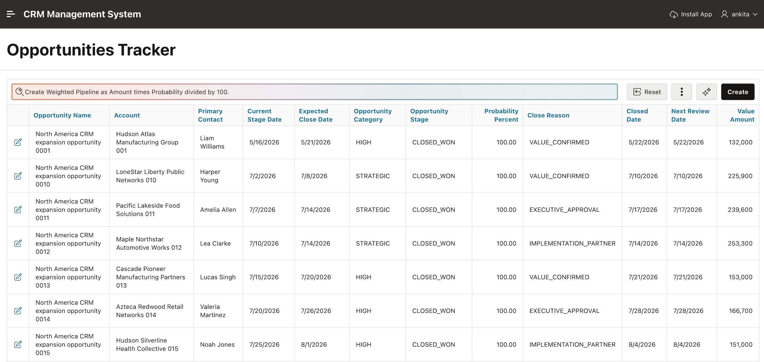 CRM Management System opportunities tracker screen showing sales opportunity records