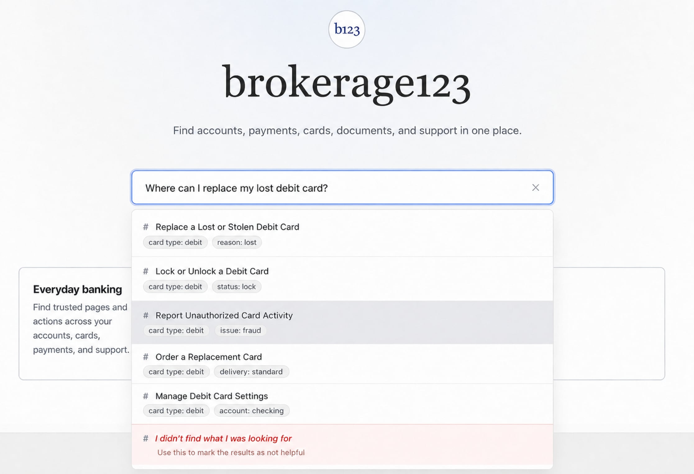 brokerage123 search interface for replacing a lost debit card