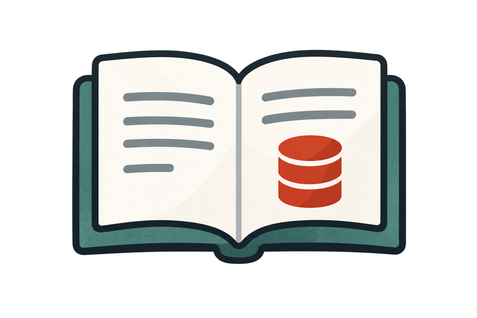 Open book illustration with database symbol