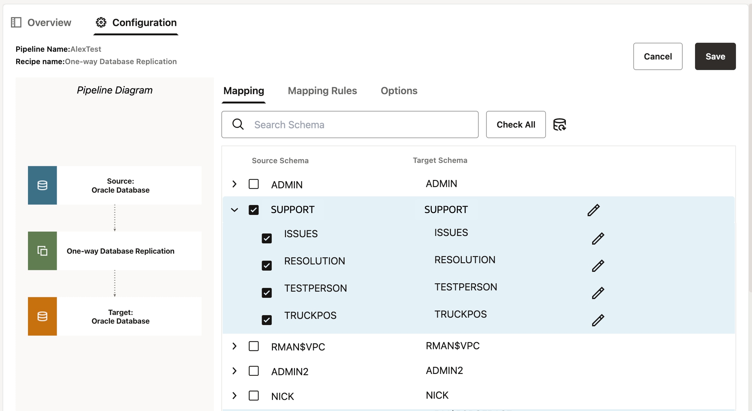 Oracle Database replication configuration screen for schema mapping