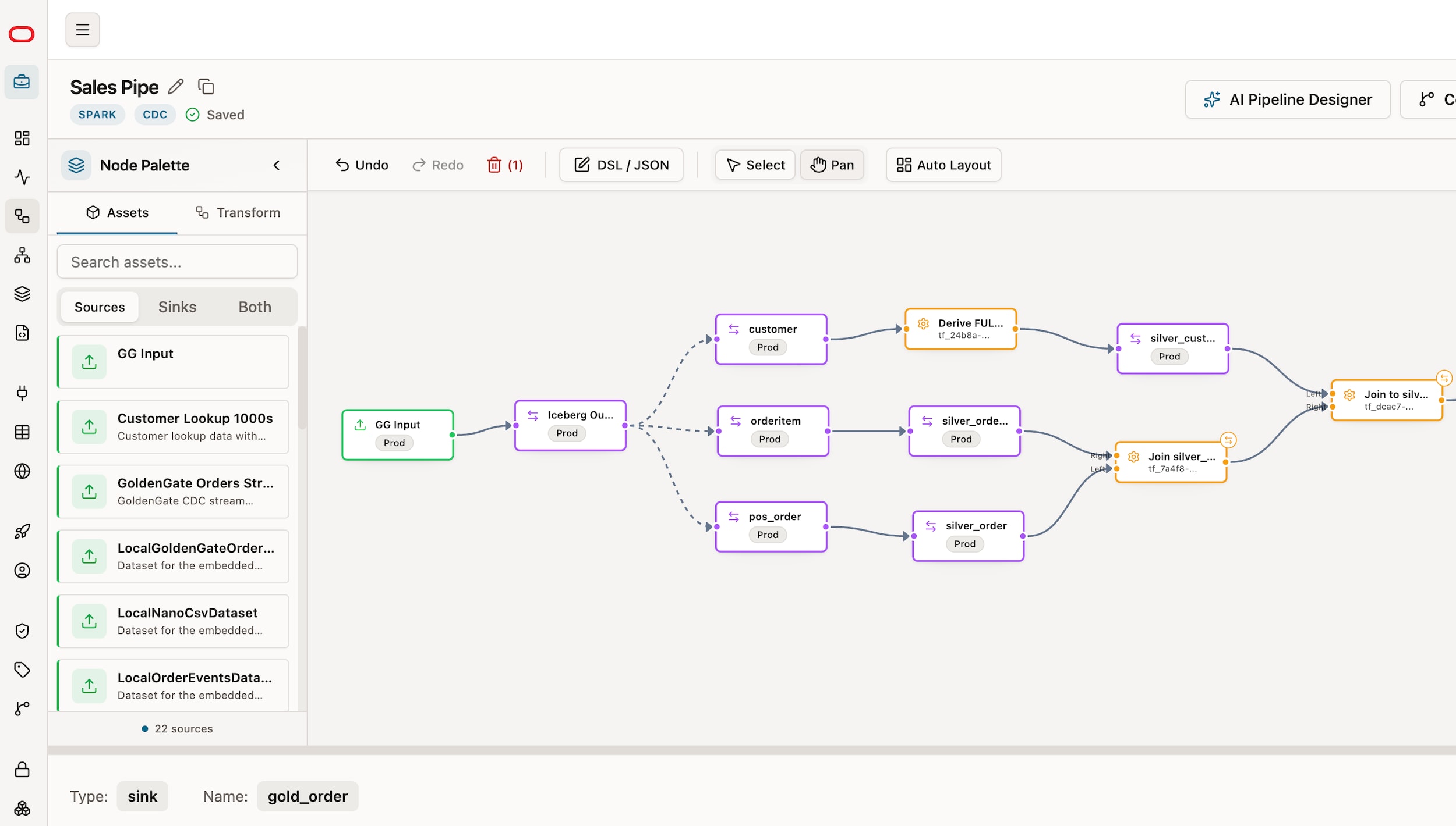 Data pipeline designer screen showing source, transform, and join nodes