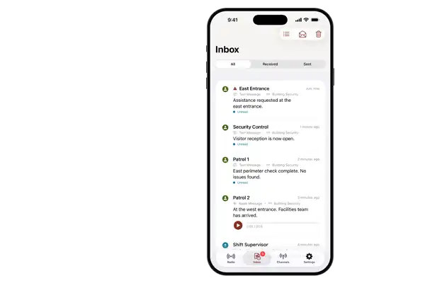 Mobile app inbox screen showing radio messages