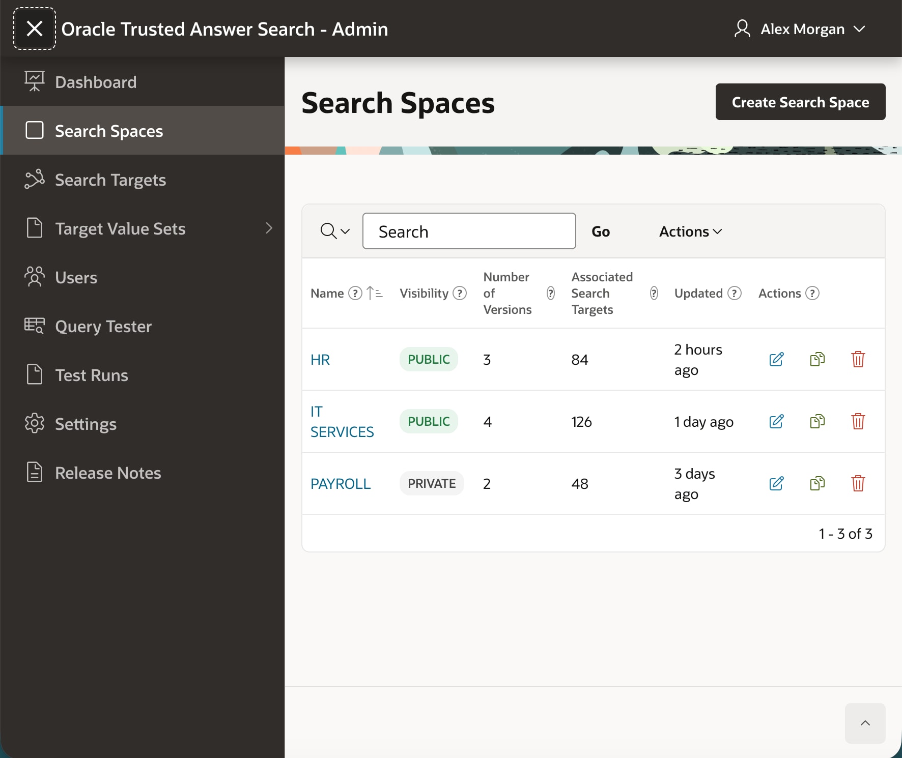 Oracle Trusted Answer Search admin screen for managing search spaces