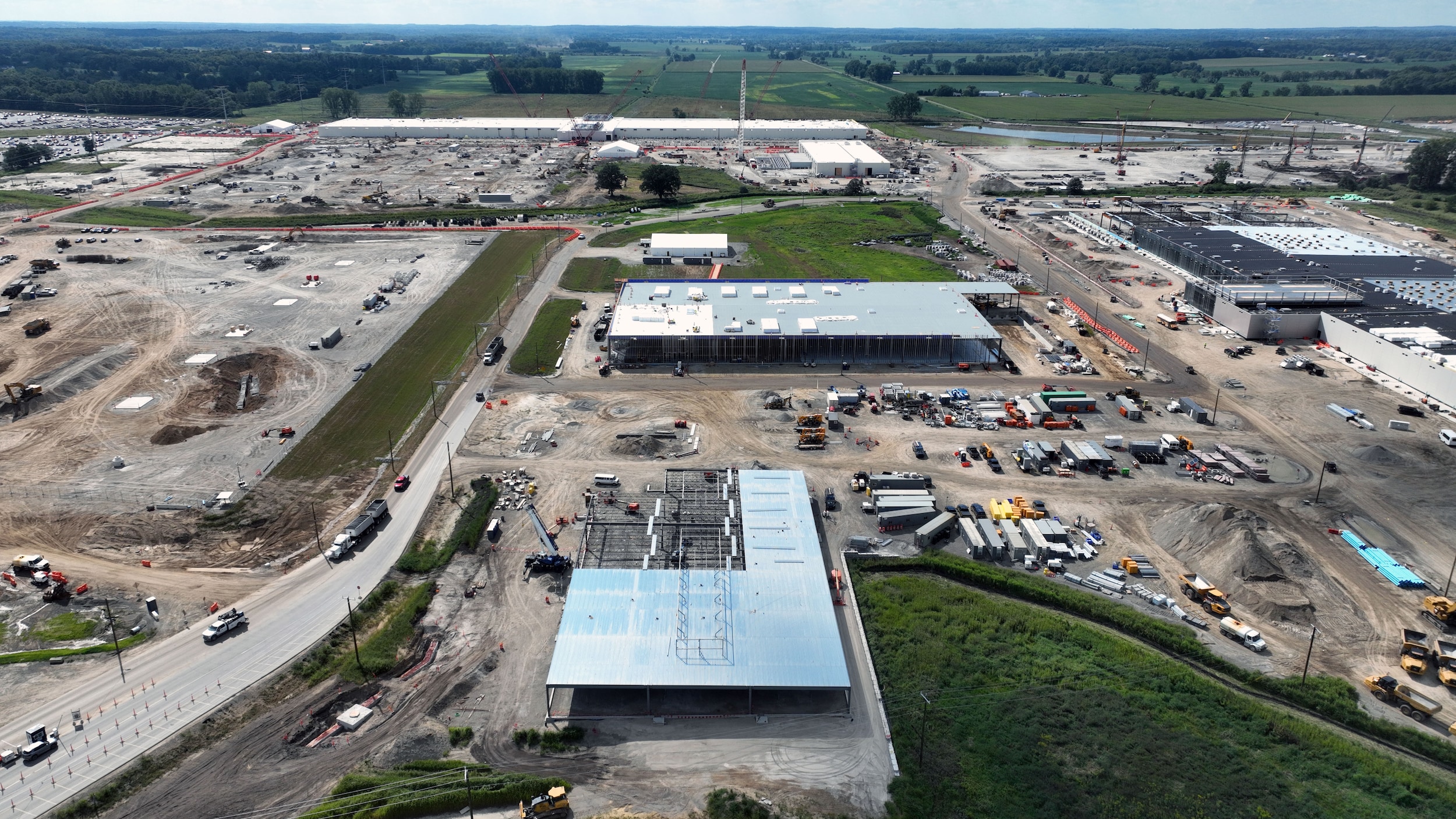 Aerial view of warehouse and operations buildings under construction