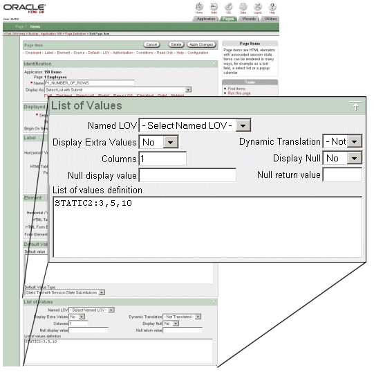 Fig. 6: Page Item, List of Values