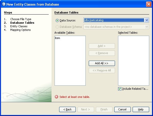 Selecting Tables to Generate Enitity Classes