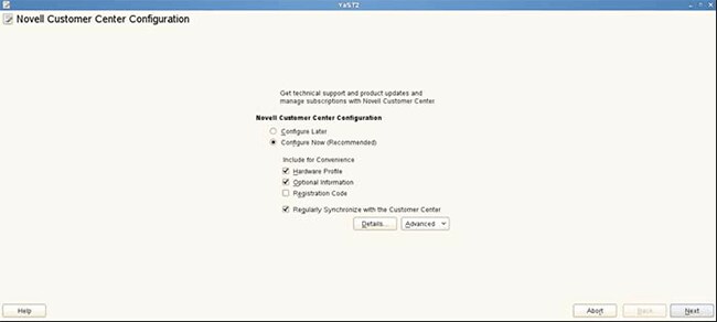  Novell Customer Center Configuration 屏幕的另一个视图