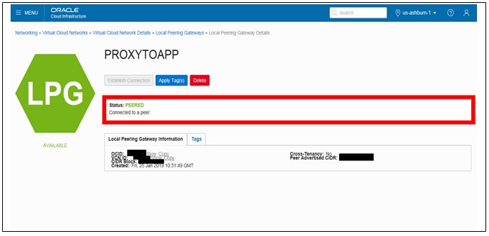 VCN「PROXY」のローカルピアリングゲートウェイにてピアリングの設定
