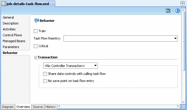 The job-details-task-flow is set as isolated by unchecking the Share data controls with calling task flow checkbox.