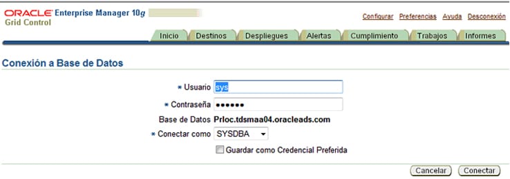 Solicitar las credenciales del usuario sys de la base de datos que se va a clonar