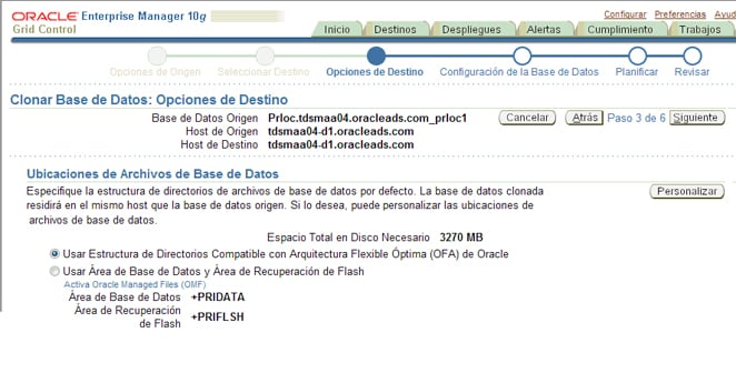 Especificaci&oacute;n de las opciones del destino