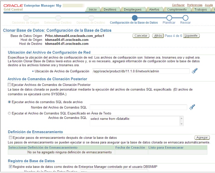 Especificaci&oacute;n de temas adicionales de configuraci&oacute;n de base de datos