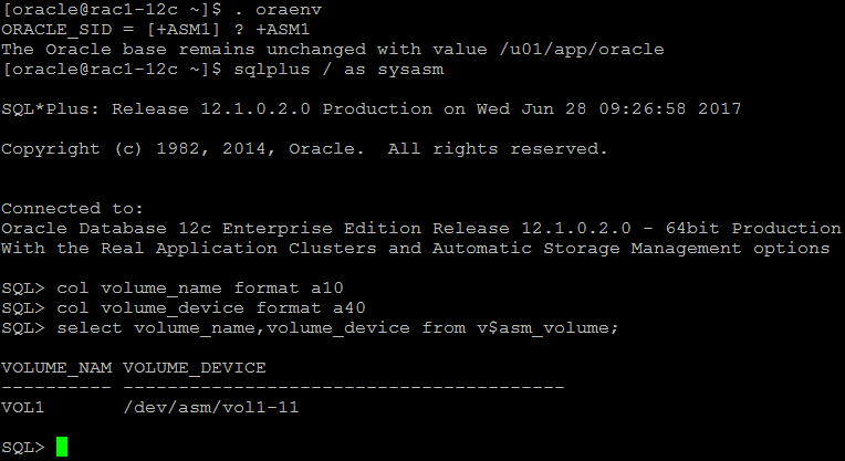 Crie um volume ASM no diskgroup montado (ACFS_DG) com o comando ‘volcreate’ dentro do utilitário asmcmd