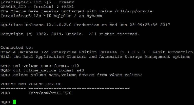 Logue-se como ‘oracle’ user na instance ASM e crie o volume para o ACFS