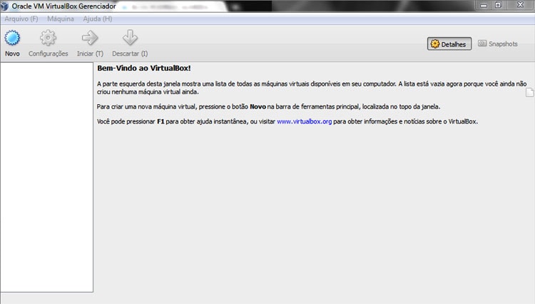 Abra o seu Oracle Virtualbox
