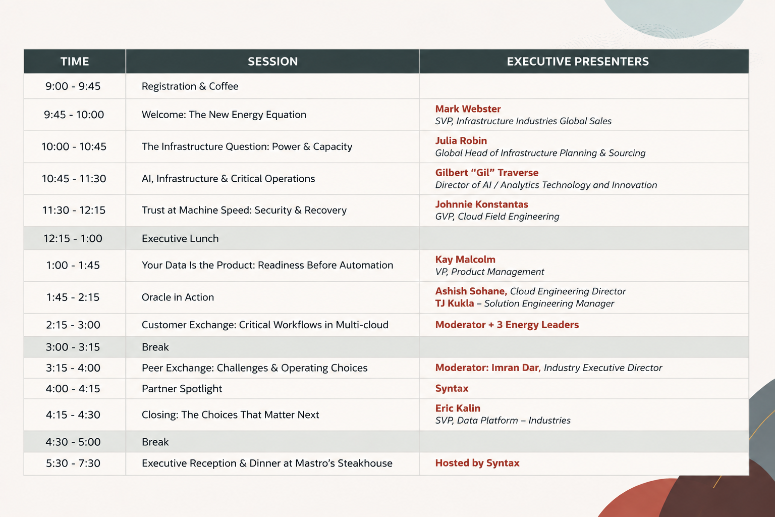Executive Agenda for the Oracle Energy Leadership Symposium