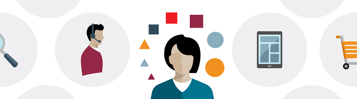 Illustration using various icons to depict some of th different channels a customer may use when in need of service, inlcuding websites, chat, phone call to customer service representative or in-store visit.