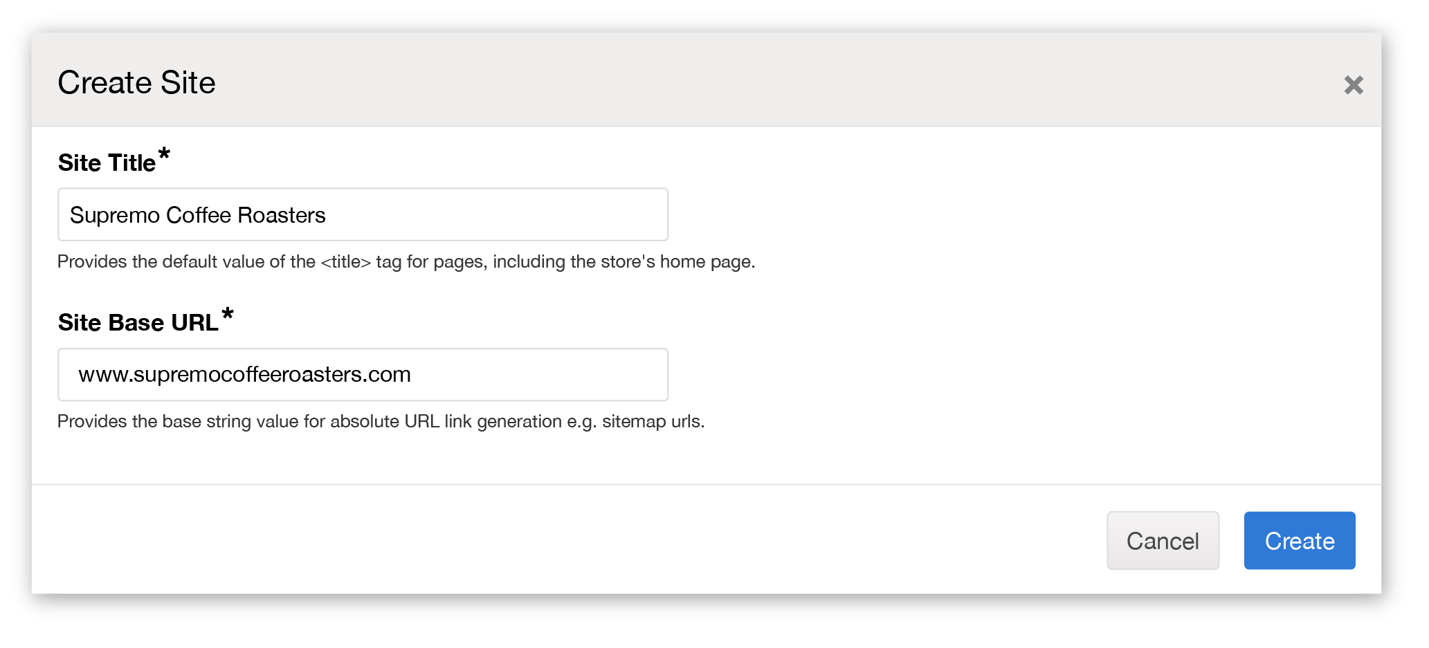 Create Site popup wizard