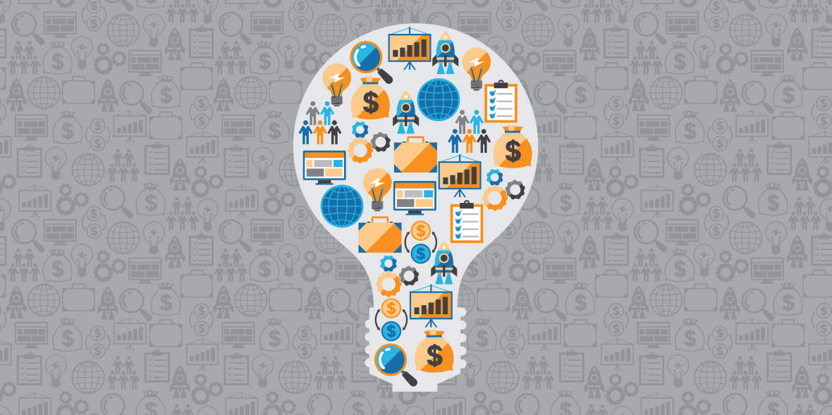 Light bulb shape filled with business and customer related information icons, overlayed on top of a light gray background filled with even more of the same icons.