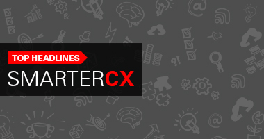 Dark gray rectangle with the words, "SMARTERCX", on top of a gray background with various customer experience related icons.